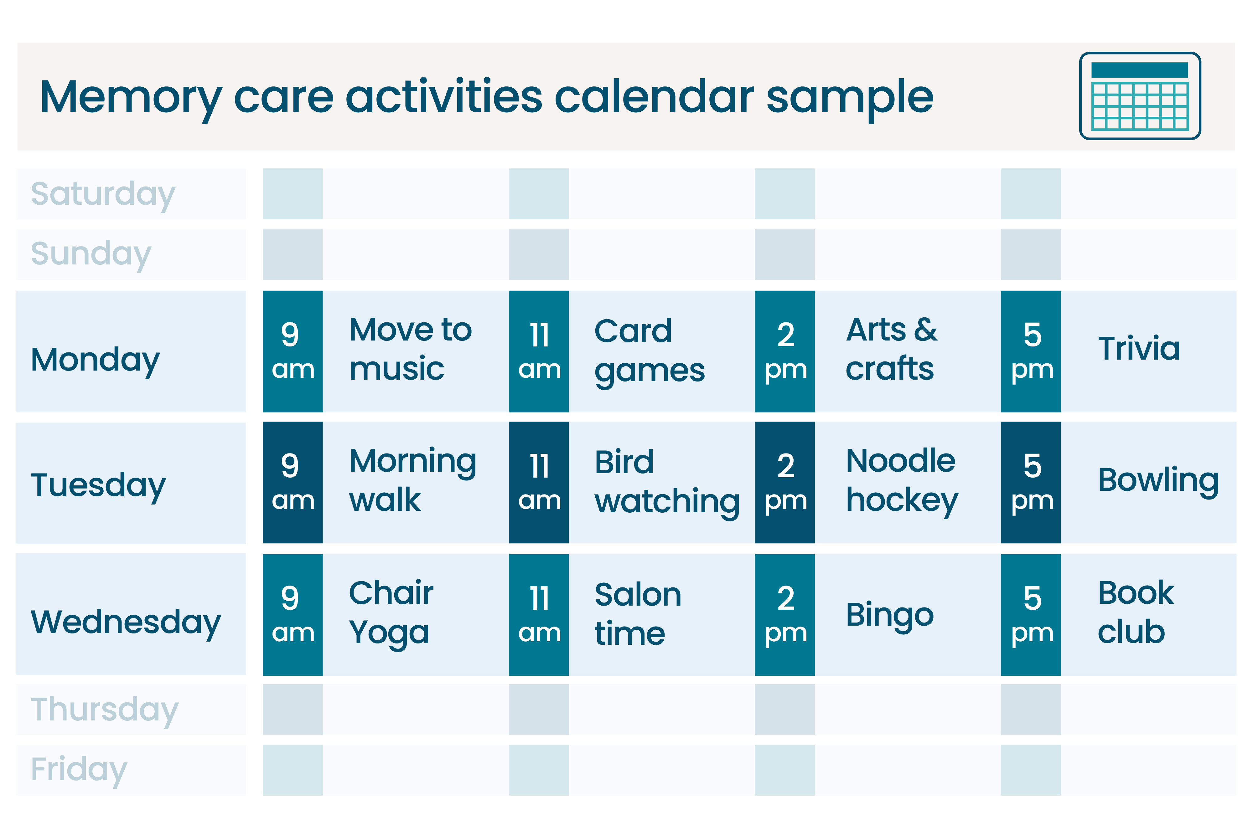 These memory care calendar ideas show how communities create a memory care unit activity calendar for residents with dementia.